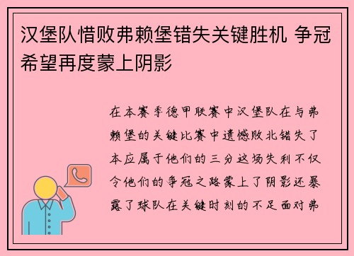 汉堡队惜败弗赖堡错失关键胜机 争冠希望再度蒙上阴影
