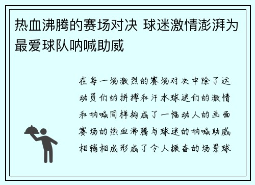 热血沸腾的赛场对决 球迷激情澎湃为最爱球队呐喊助威