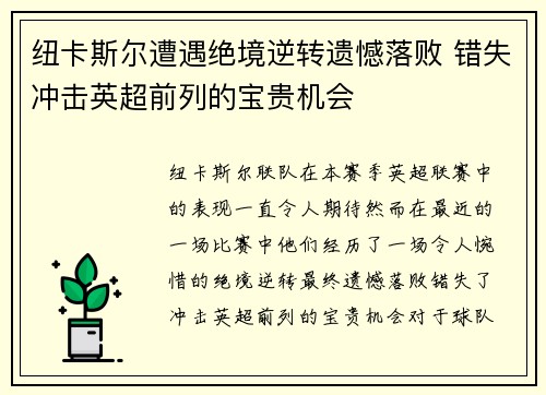 纽卡斯尔遭遇绝境逆转遗憾落败 错失冲击英超前列的宝贵机会