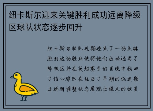 纽卡斯尔迎来关键胜利成功远离降级区球队状态逐步回升