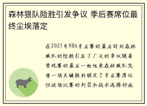 森林狼队险胜引发争议 季后赛席位最终尘埃落定