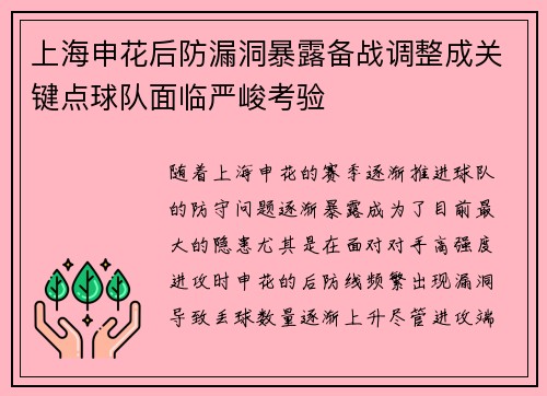 上海申花后防漏洞暴露备战调整成关键点球队面临严峻考验
