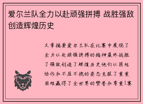 爱尔兰队全力以赴顽强拼搏 战胜强敌创造辉煌历史