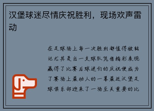 汉堡球迷尽情庆祝胜利，现场欢声雷动