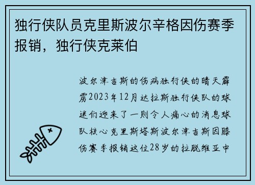 独行侠队员克里斯波尔辛格因伤赛季报销，独行侠克莱伯