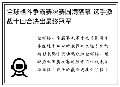 全球格斗争霸赛决赛圆满落幕 选手激战十回合决出最终冠军