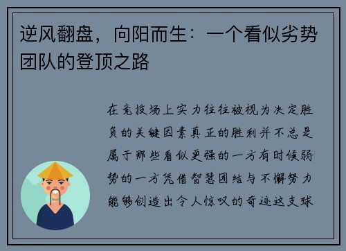 逆风翻盘，向阳而生：一个看似劣势团队的登顶之路